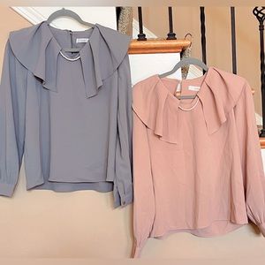 Korean thick chiffon long sleeve blouse with removable pearl necklace gray/pink